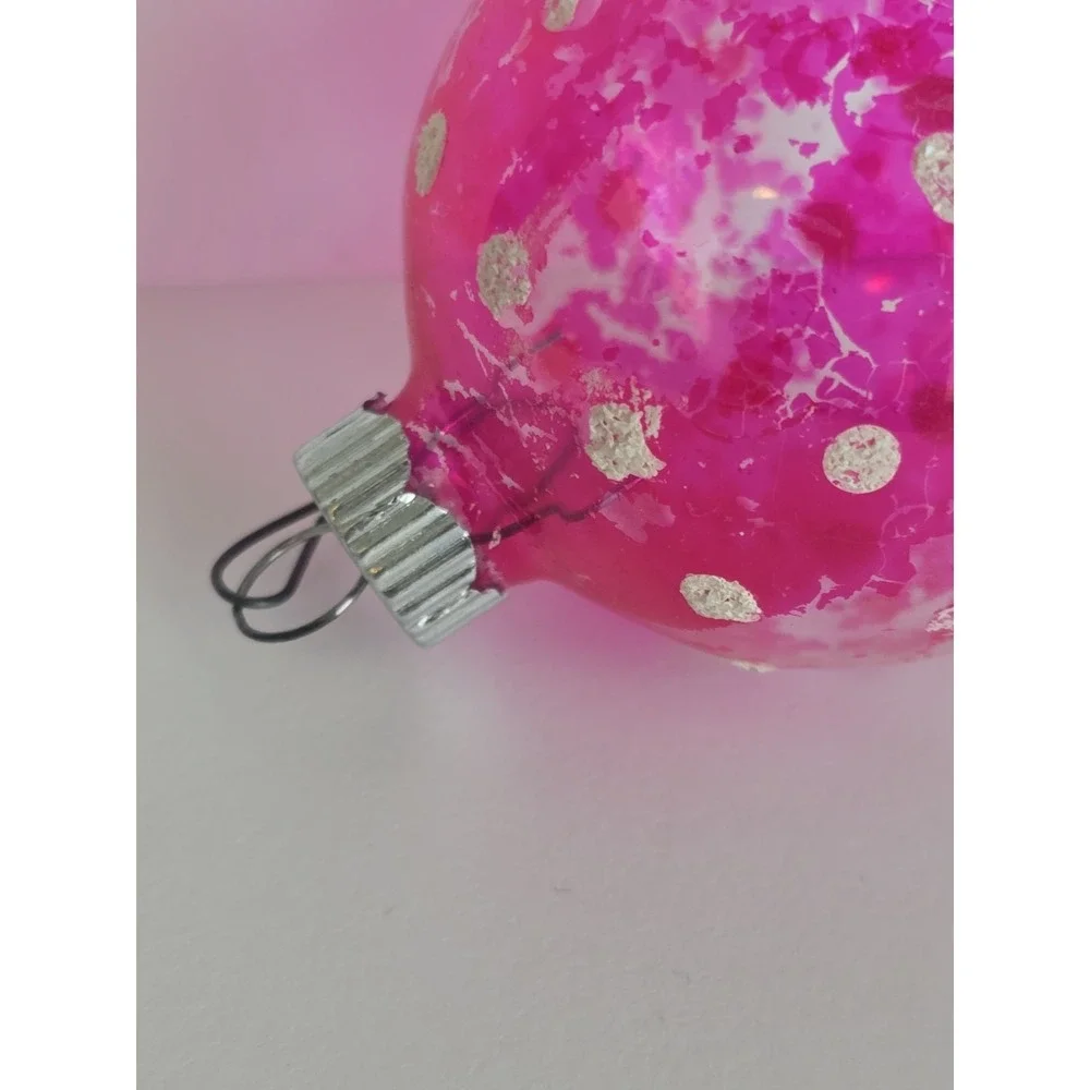 Vtg Shiny Brite Pink White Flocked UNSILVERED glass CHRISTMAS ORNAMENT Polkadot